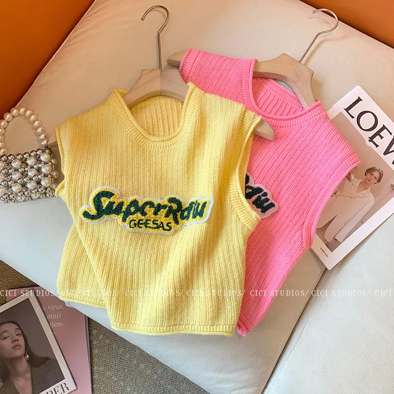 

Summer Sexy Letter Embroidery Tanks Tops Women Chic Y2k Vintage Fashion Camisole Solid Short Style T-shirt
