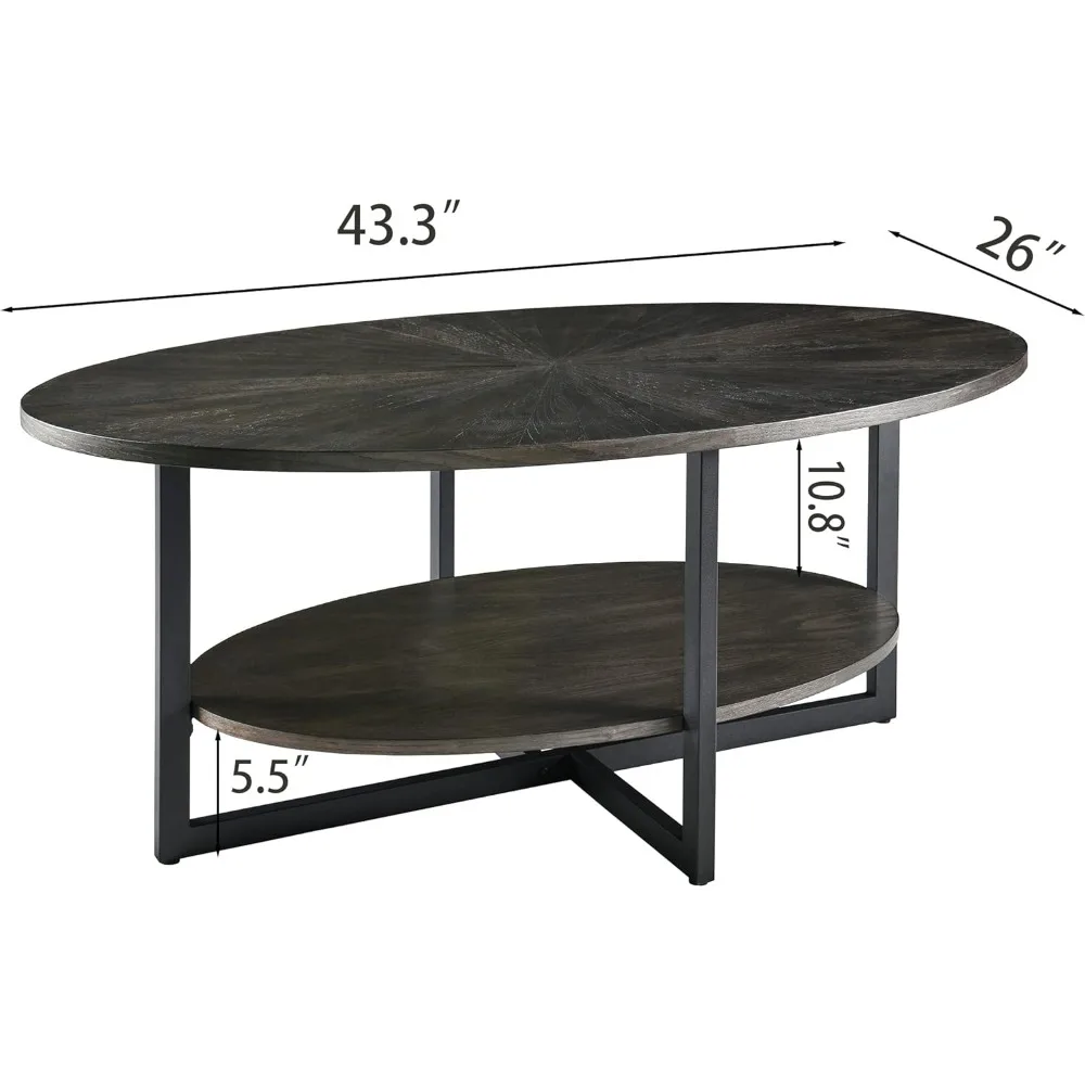 Modern Industrial Style Oval Coffee Table with Metal Cross Legs and Open Shelf, 43.3 inches