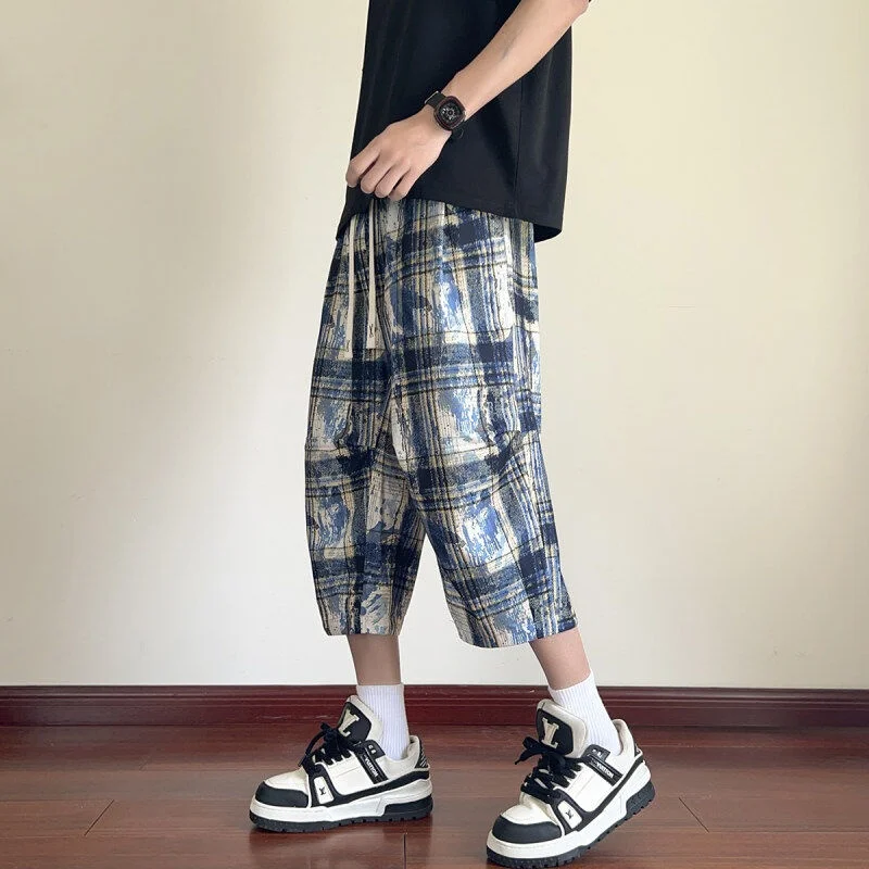 

Tie-Dye Plaid 7/8 Length Men's Summer plus Size Trendy Loose Casual Retro Wide Leg Knee-High orts Loose Fit Youthful Sle