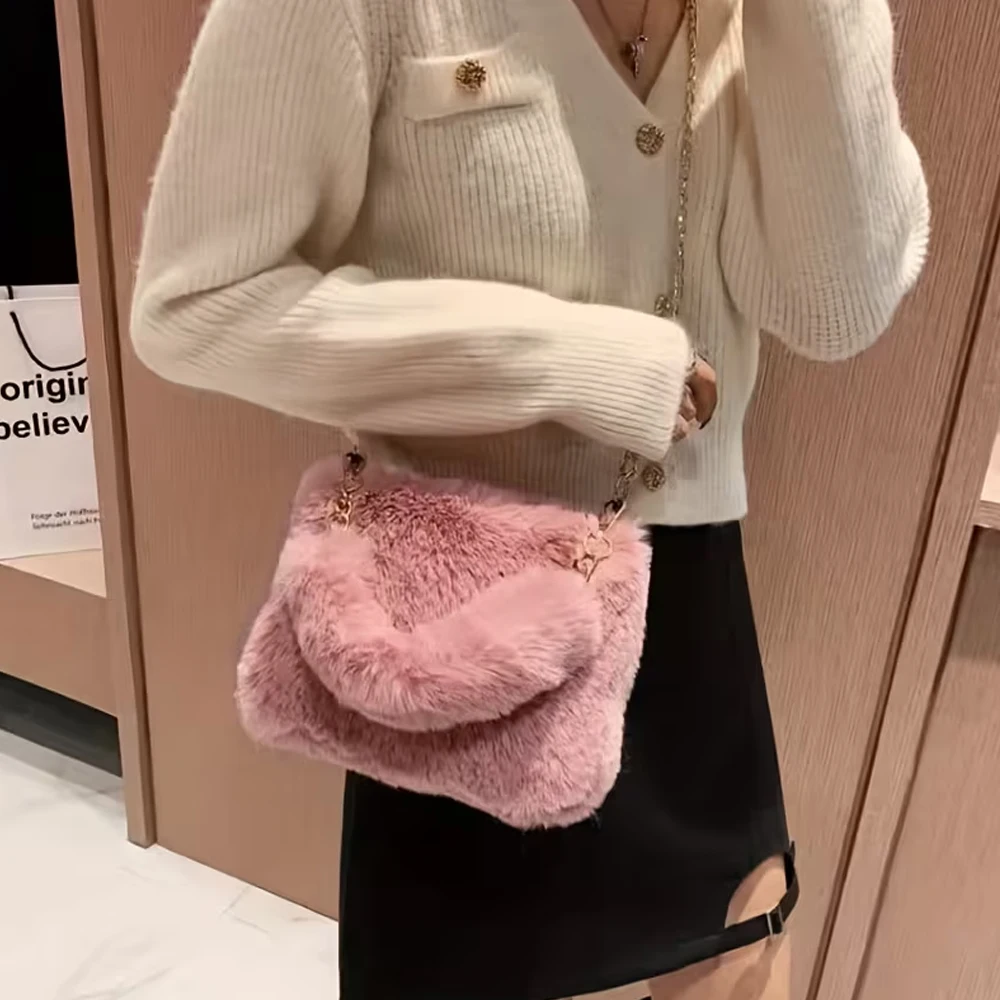 Herbst- und Winter-Plüsch-Handtasche für Damen, Trendige Nischen-Ketten-Mode Kleine Quadratische Tasche, Pelzige Tasche – Detail 4
