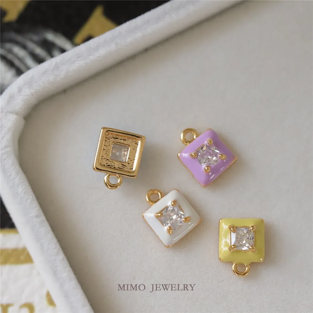 Copper Plated Gold Square Colored Dripping Oil Zircon Sugar Cube Small Pendant DIY Necklace Bracelet Handmade Charm Accessories