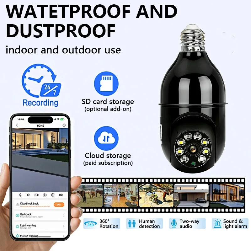 3MP Smart Bulb Security Camera 360° Panoramic PTZ 2.4G WiFi Wireless Indoor Camera Color Night Vision Motion Detection Alarm Rem