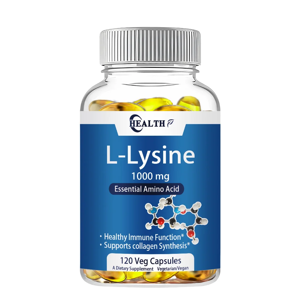 Suplemento dietético vegetariano, L-lisina 1000mg, 120 cápsulas revestidas, forma livre, não OGM e fórmula sem glúten