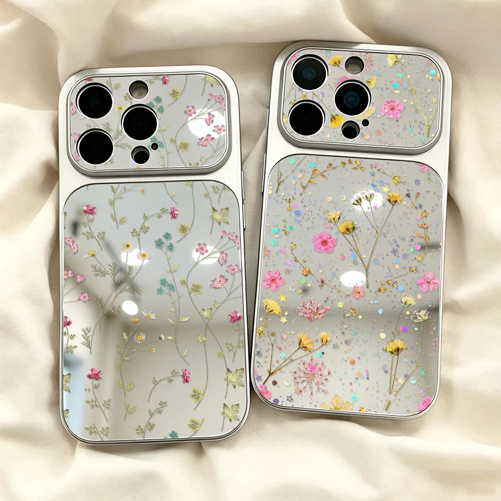Flower Phone Case For iPhone 18 17 Pro Max 16 15 14 13 12 11 Pro Max Mirror Large Window Shockproof Soft Protective Cover Fundas