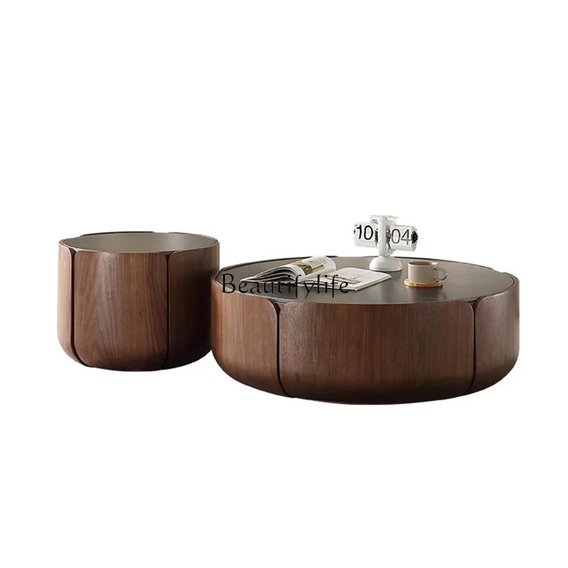 

05-Italian minimalist solid wood rock slab round coffee table small apartment household