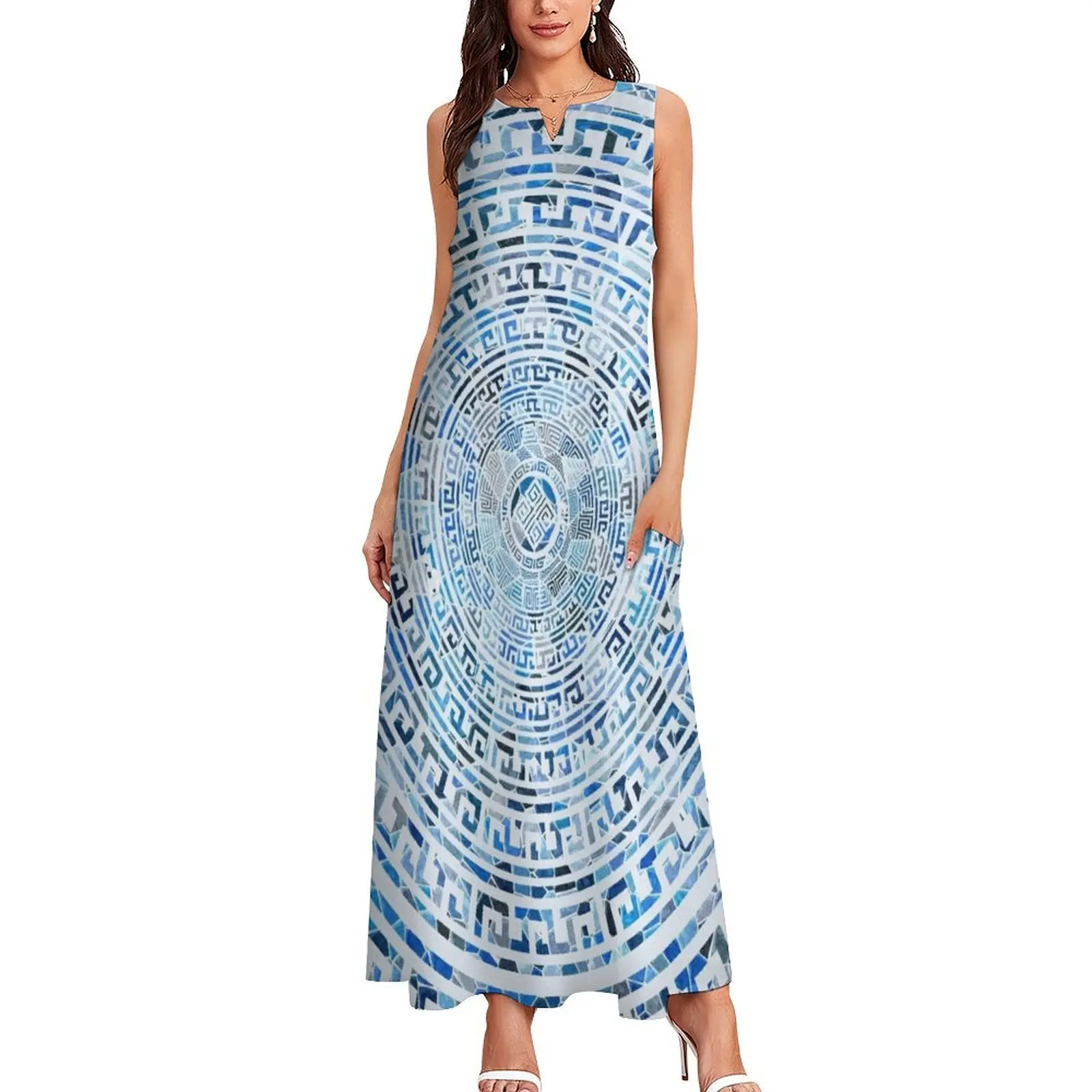 Circular Greek Meander Pattern - Greek Key Ornament Long Dress beach dresses dress women elegant luxury Party dresses