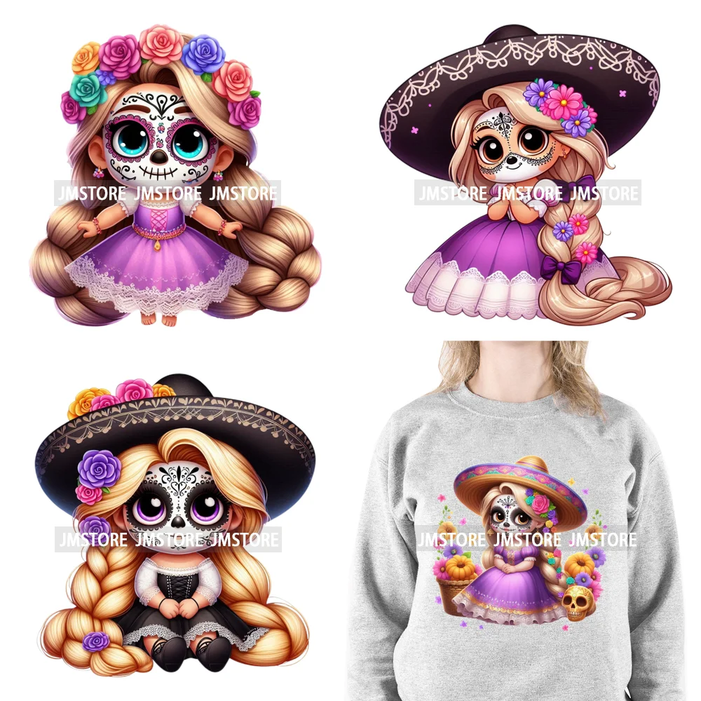 

Colorful Day Of The Dead Catrina Princess Baby Girl Sombrero Hat Mexico Conchas Iron On DTF Heat Transfers Stickers For Clothing