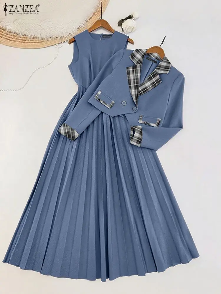 

ZANZEA модные повседневные комплекты платьев, женские весенние элегантные длинные платья без рукавов и клетчатые рубашки с длинными рукавами, плиссированные наряды из 2 предметов
