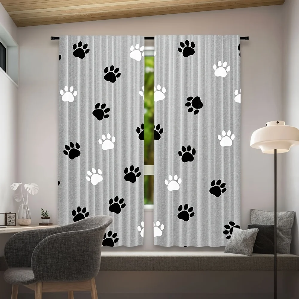 2pc Dog paw print pattern curtains, made of polyester fabric, machine washable, suitable for bedroom and living room décor.