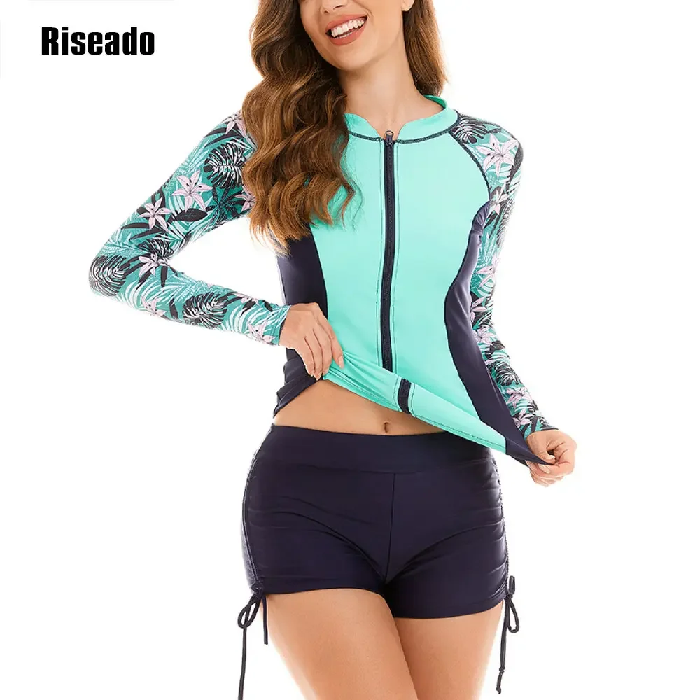 Riseado 2025 nuevo traje de baño de cintura alta para mujer, traje de baño Tankini de dos piezas de manga larga, Top y pantalones cortos