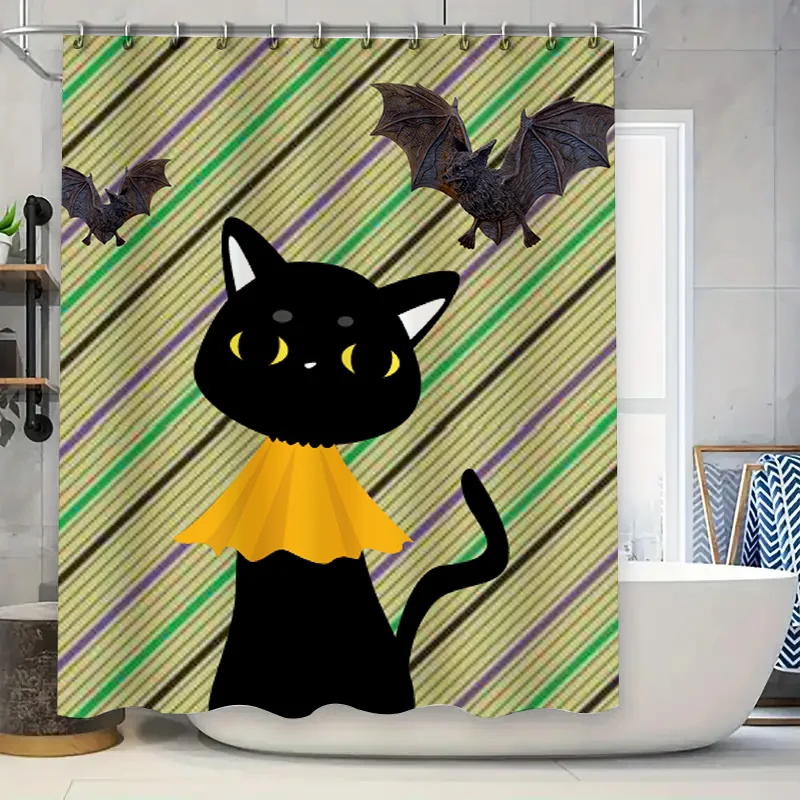 

Занавеска для душа на Хэллоуин на тему летучей мыши с дизайном черного кота и желтыми акцентами, идеально подходящая для жуткого декора в любой ванной комнате.