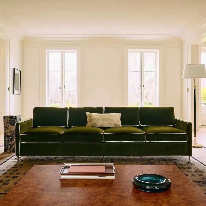 Luxury casual style three-seater olive green velvet sofa with modern straight back design