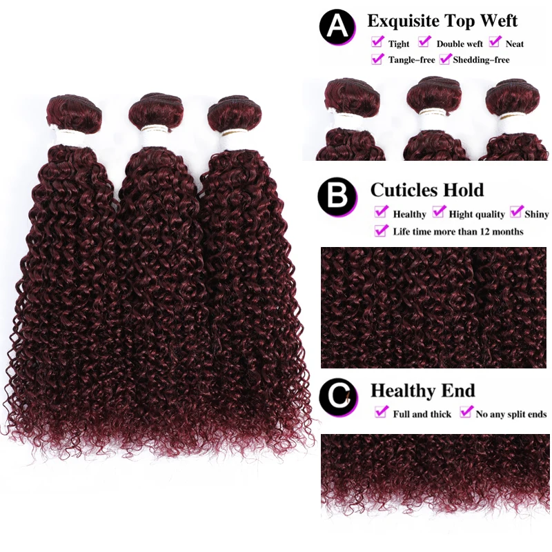 Kinky Curly Human Hair Bundles With Closure 99J/Burgundy Colored Brazilian Remy Hair Weave Bundles With Closure 100% Human Hair