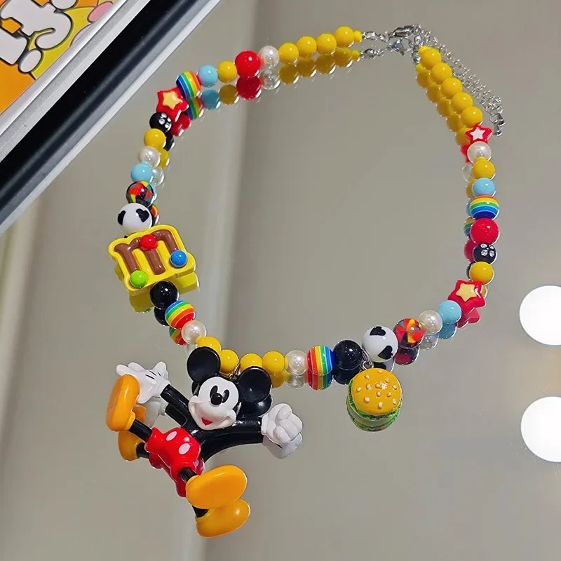 Original Disney Cartoon Mickey Burger Hip Hop Necklace Cute Mickey Mouse Beaded Mobile Phone Pendant Jewelry Accessories