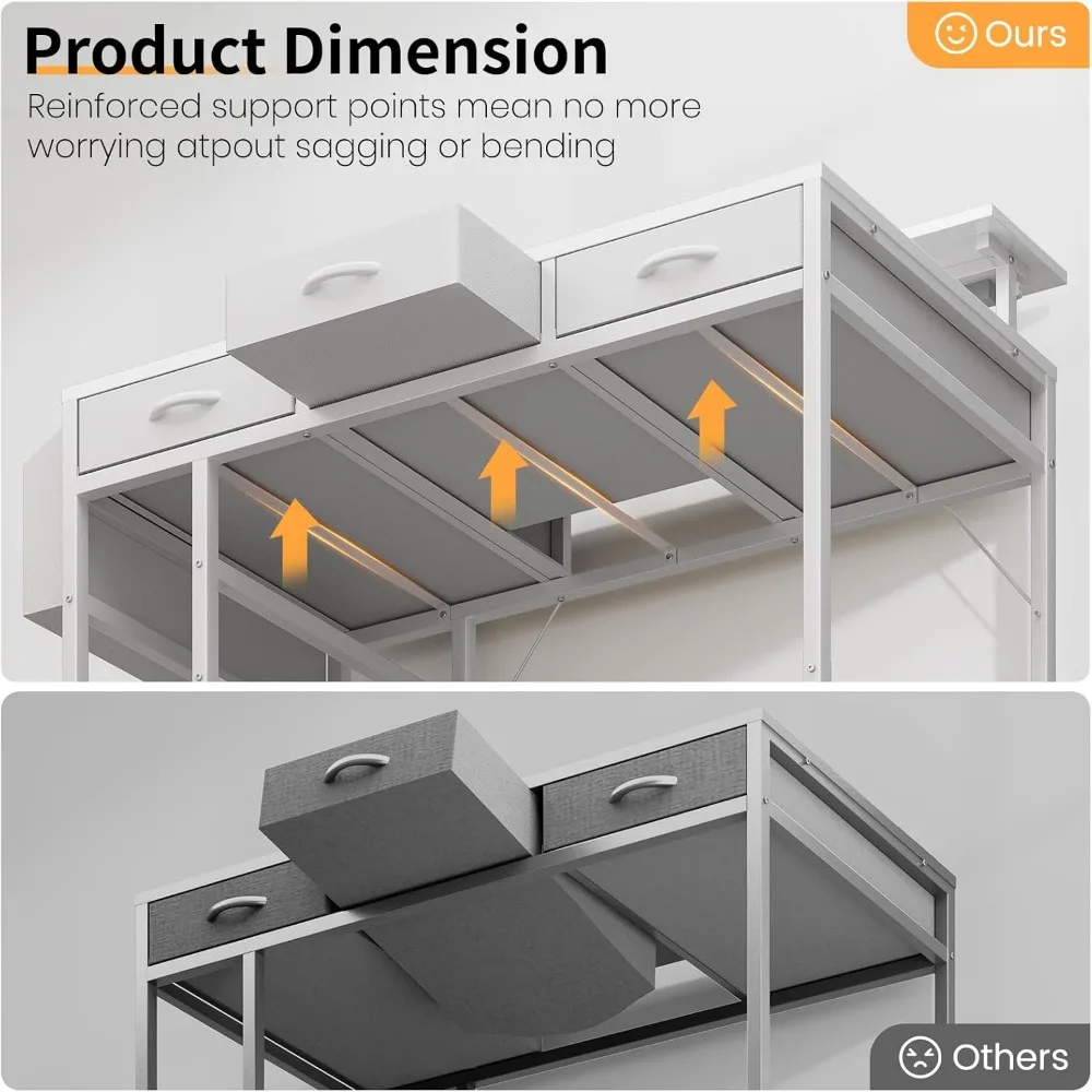 47 Inch Computer Desk with 3 Drawers, Gaming Desk with LED Lights and Adjustable Monitor Stand, Work from Home, Modern Work/Writ