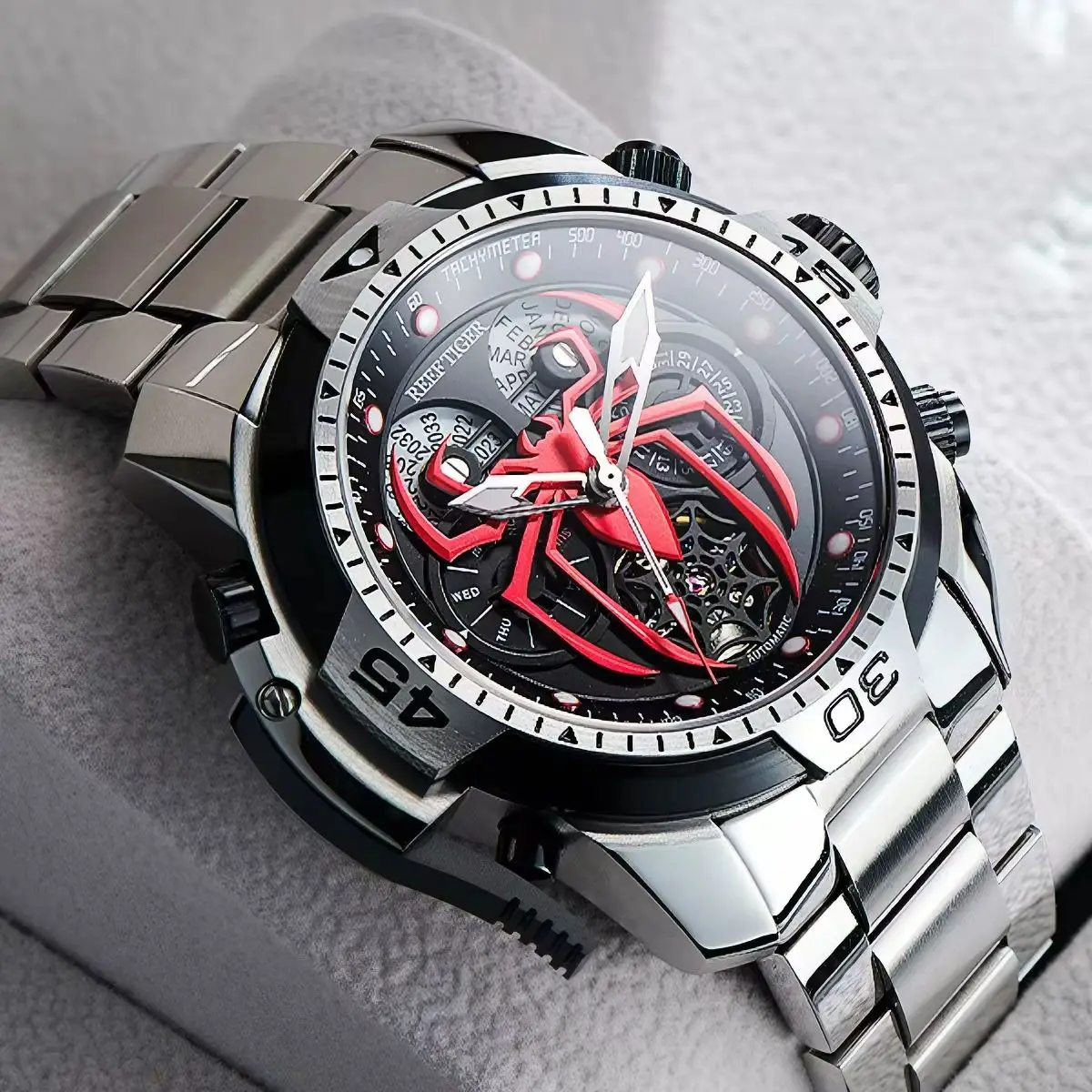 Reef Tiger Men Automatic Watch 46mm Mechanical Wristwatch Luminous Sapphire Spider Dial Rotatable Bezel Year Month Week