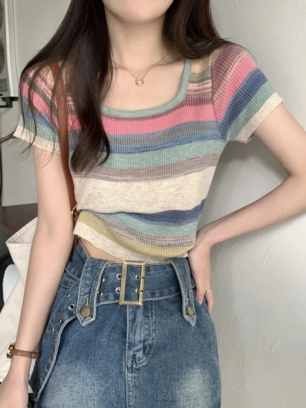 

Summer Rainbow Stripes Slim Fit Ice Silk Knitted Top Women's Short Sleeve Square Collar Design Unique Shoulder T-Shirt