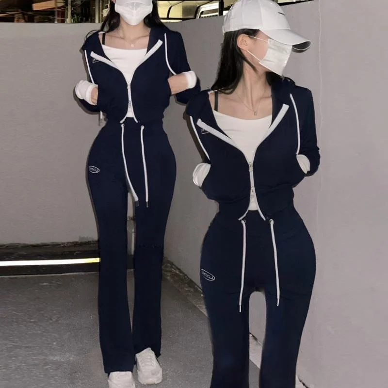 

51STUDIO PB082 High Waist Crop Top And Pants Set Street Style Hooded Slim Fit Casual Outfit Two Piece Women's Fashion Set