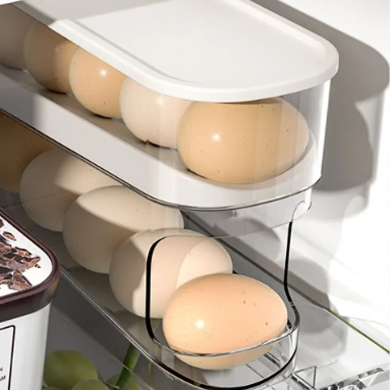 A Household Slide Type Simple Refrigerator Side Door Fresh-Keeping Storage Box Double-Layer Rolling Kitchen Household Egg Holder