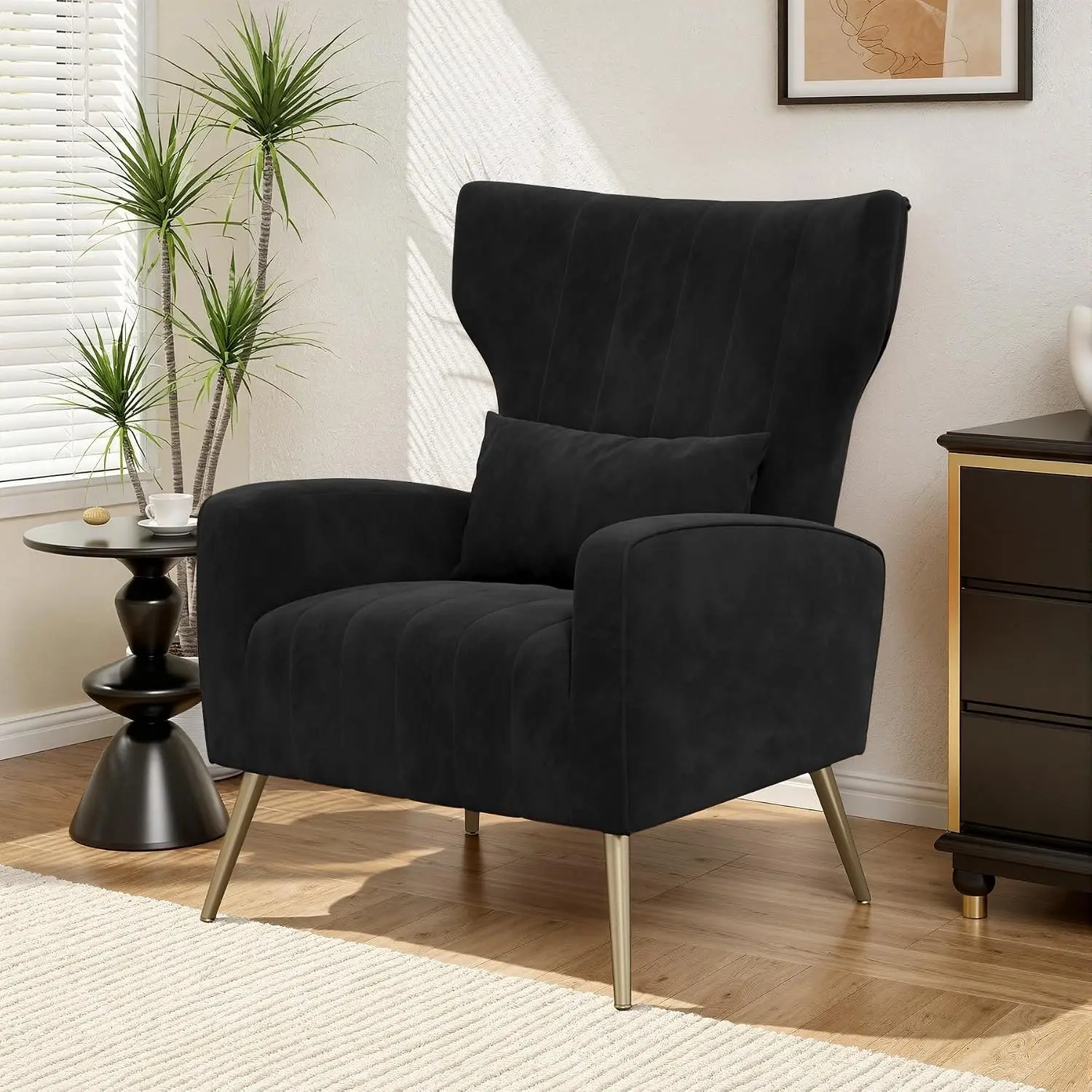 Velvet Wingback Accent Chair High Back Armchair Golden Legs Lumbar Pillow Single Sofa Living Room Bedroom, Customized