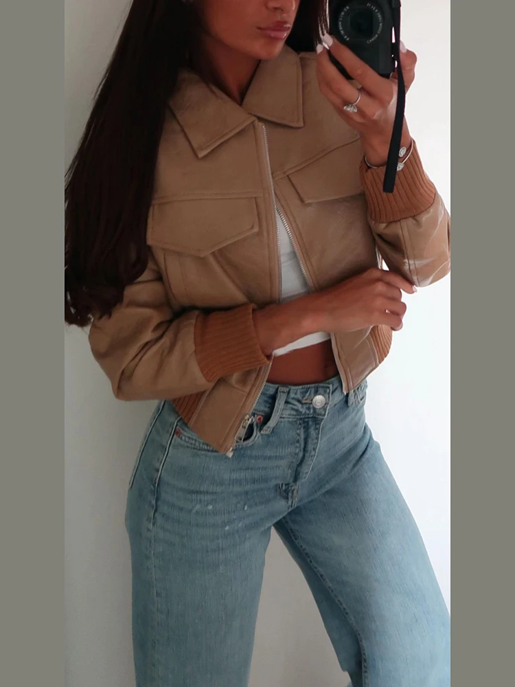 Vintage PU-Leder Cropped Jacke mit Langen Ärmeln und Gerippten Manschetten, Streetwear Damenmantel, Neue Lässige High-Street Herbst-Oberbekleidung – Detail 7