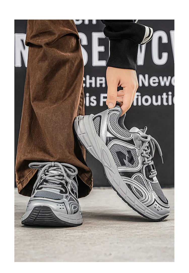 LOEIKAN Herren-Sneaker mit Patchwork-Mesh, lässige Turnschuhe mit klobiger, dicker Sohle, zum Schnüren, Dad-Schuhe, vielseitiges Schuhwerk für den täglichen Pendelverkehr – Detail 9
