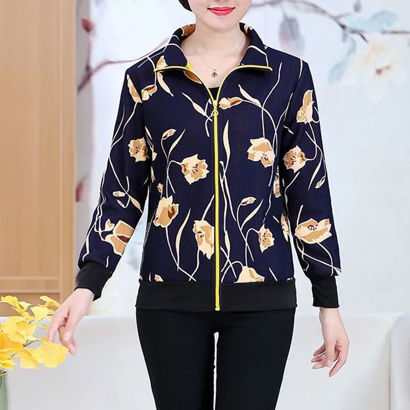 Autumn Middle-aged and Elderly Women Fashion Vintage Print Zipper Jacket Ladies Elegant Casual Long Sleeve Pocket Outerwear Coat