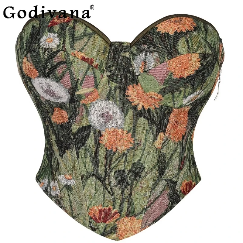 

Europe America New Elegant Jacquard Fabric Fish Bone Short Strapless Top Temperament Lace-up Floral Summer Retro Bottoming Vest