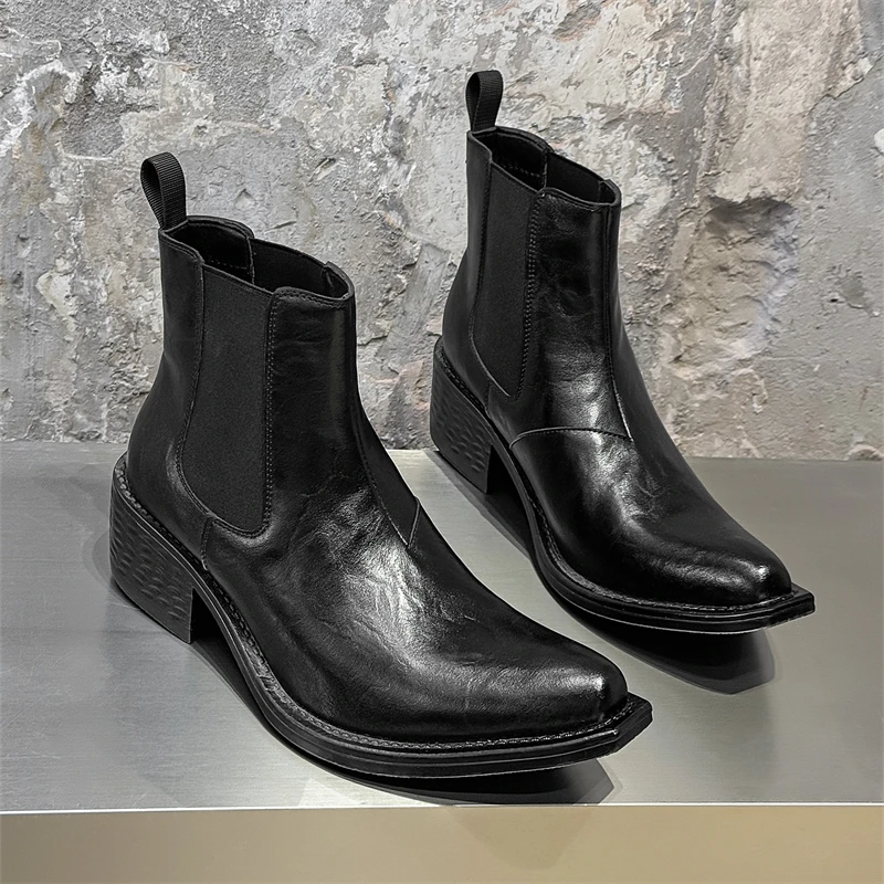A Niche Men Pointed Chelsea Boot Thick Heel Upturned Personalized Fashionable Wizard Boot