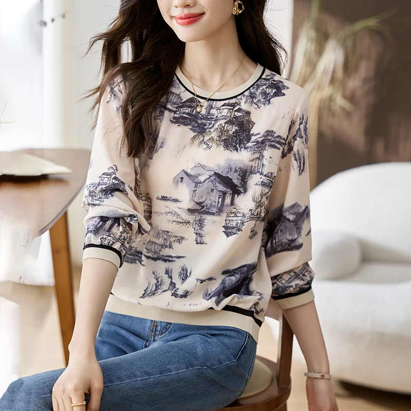 Lose Lange Sve runde Ne Gedruckt T-shirt frauen Slim Fit Casual Sle Herbst Winter Neue Ankunft Faion Top