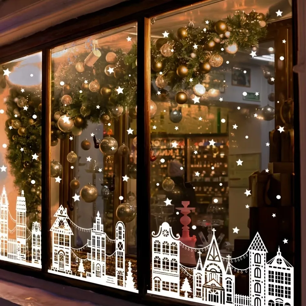 9 Sheets Static Cling Christmas Snow Castle Window Cling Leaves No Trace PVC Christmas Window Decals DIY Double-sided Printing