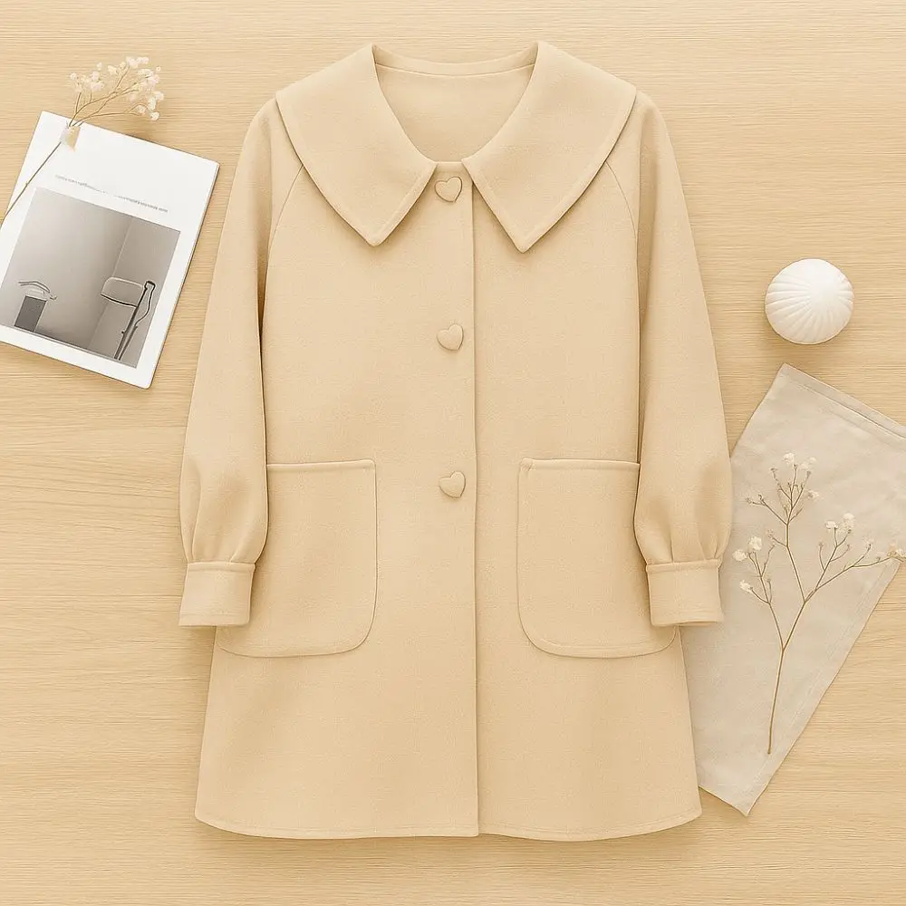 Cappotto di lana di media lunghezza alla moda da donna colletto ribaltabile cardigan chic a maniche lunghe autunno inverno top da donna cappotti antivento da donna