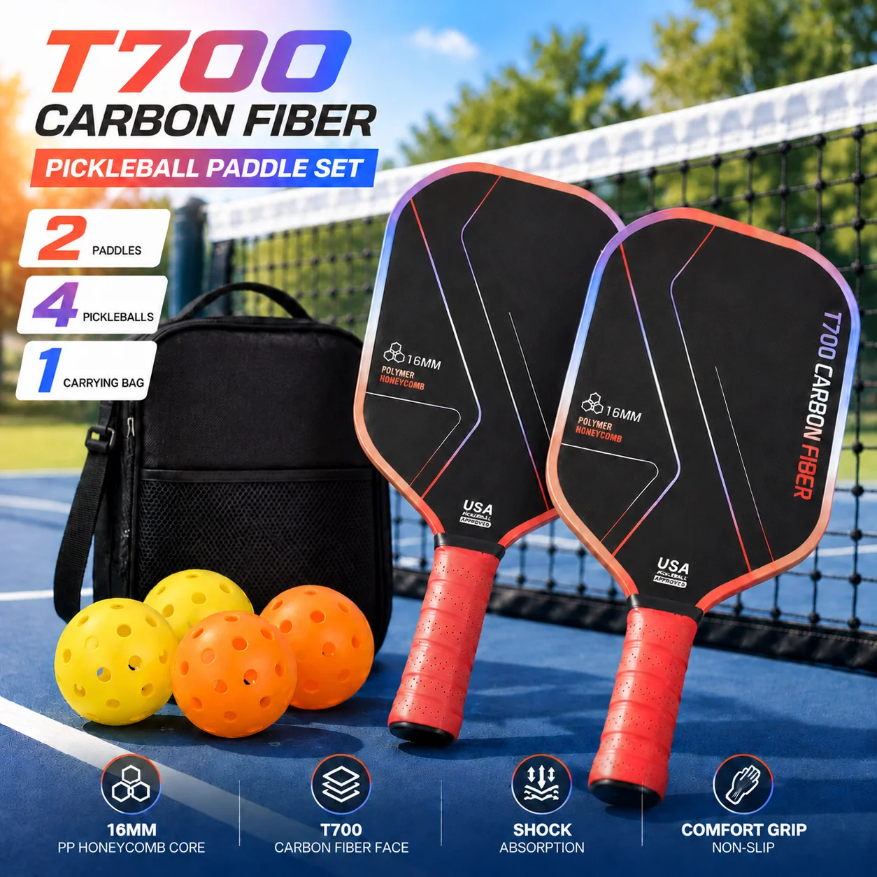 set-di-racchette-da-pickleball-in-fibra-di-carbonio-t700-telaio-dinamico-di-quinta-generazione-nucleo-a-nido-d’ape-da-16-mm-superficie-opaca-con-texture-2-racchette-4-palline-e-borsa-per-il-trasporto