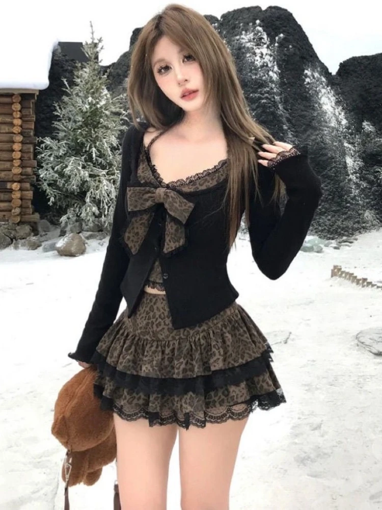 Japanese Lolita 2 Piece Skirt Sets Y2k Bow Long Sleeve Blouse + Sexy Leopard Elegant Mini Skirts 2000s American Vintage Suits