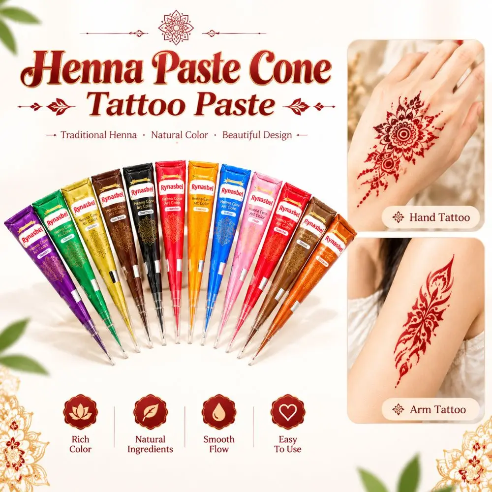 Waterproof Henna Paste Cone Tattoo Paste Multiple Colors Fine Tip Cone Temporary Tattoo Paste Long Lasting Temporary Tattoo