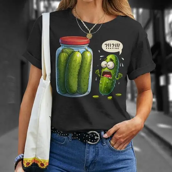 Camiseta con gráfico vintage Y2K para mujer, camiseta de manga corta con estampado de pepino y tarro de pepino juguetón, lavable a máquina, ajuste regular