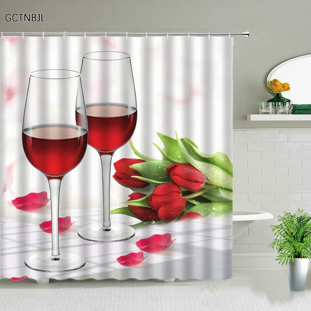 Red Wine Glass Print Shower Curtains Creative Personality Rose For Bathroom Decor Polyester Fabric Cheap Bathtub Screen Hooks