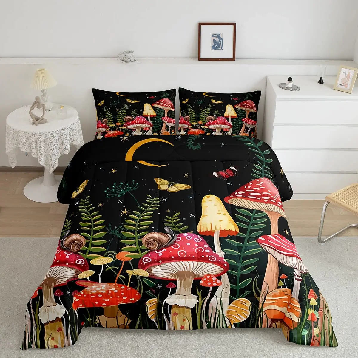 Red Mushroom Kawaii Comforter Set Twin Size Kids Bedding Set Botanical Plant Theme Print Quilt Bed Set for Boys Girls Adults