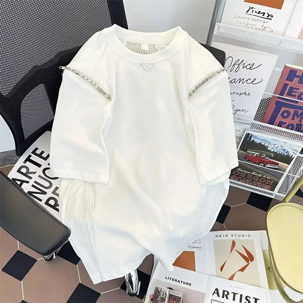 

Y2K Mens T-Shirt Patchwork Zipper Striped Short Sleeved Top Summer Casual High Street Couple Wear Men's Clothing Unisex 2024
