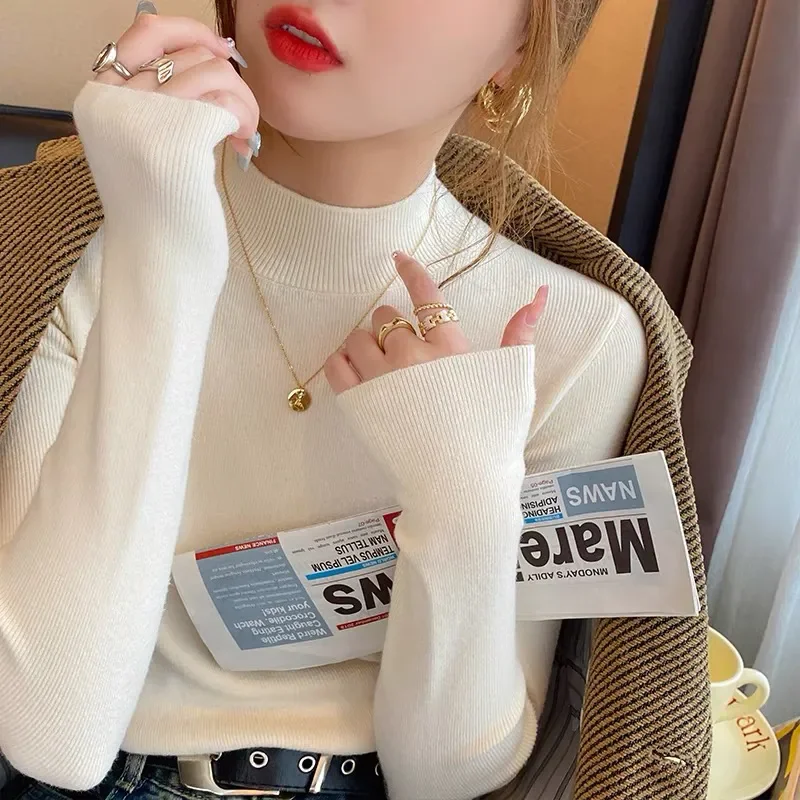Kobiety Jesień Zima Mock Neck Długi rękaw Dzianina Damska Moda Biuro Lady Slim Solid Color Trend Dzianinowa Koszula z dołem