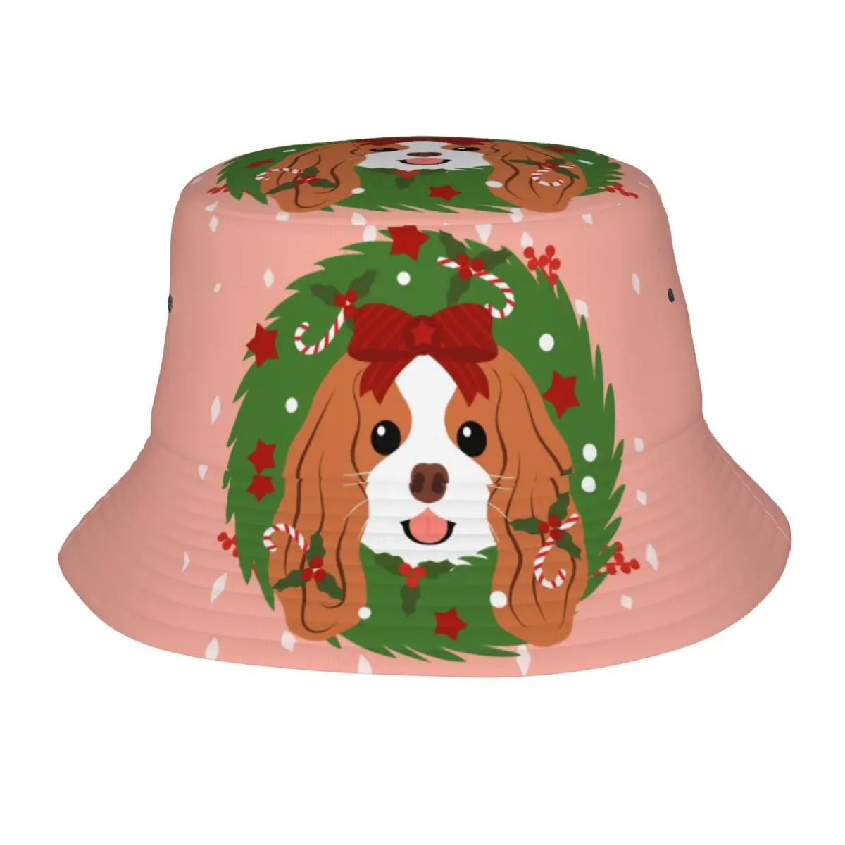 Cavalier King Charles Spaniel Christmas Wreath Bucket Hat Women Men Unisex Fashion Dog Summer Fisherman Cap