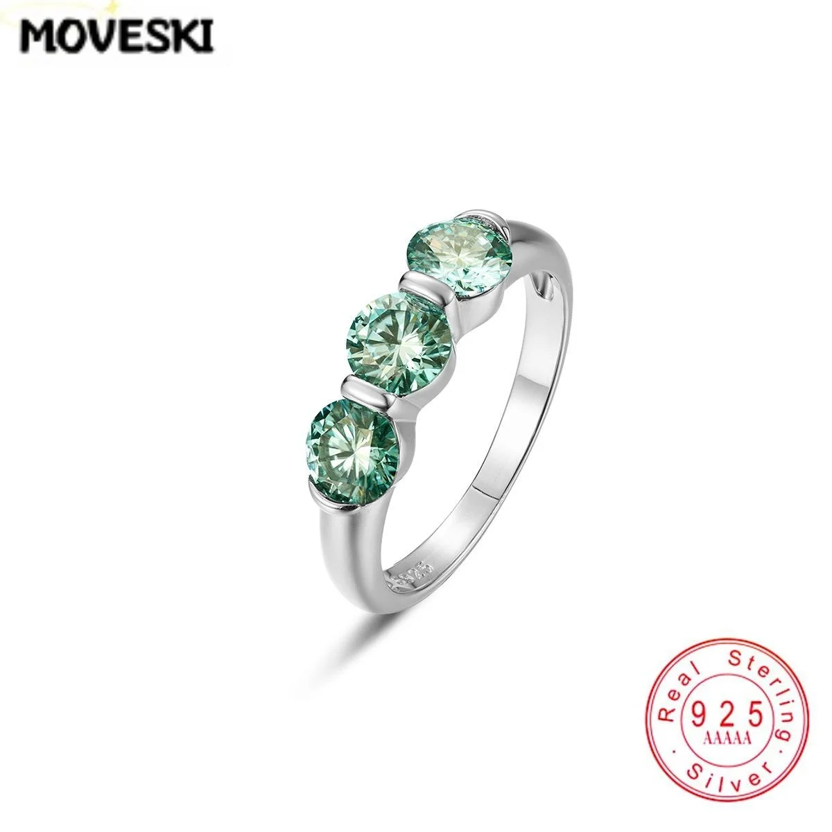 925 Sterling Silver Ring 3 Stones 1.5CT Green Moissanite Three Stone Promise Ring, Fine Silver Wedding Band Jewelry  for Women