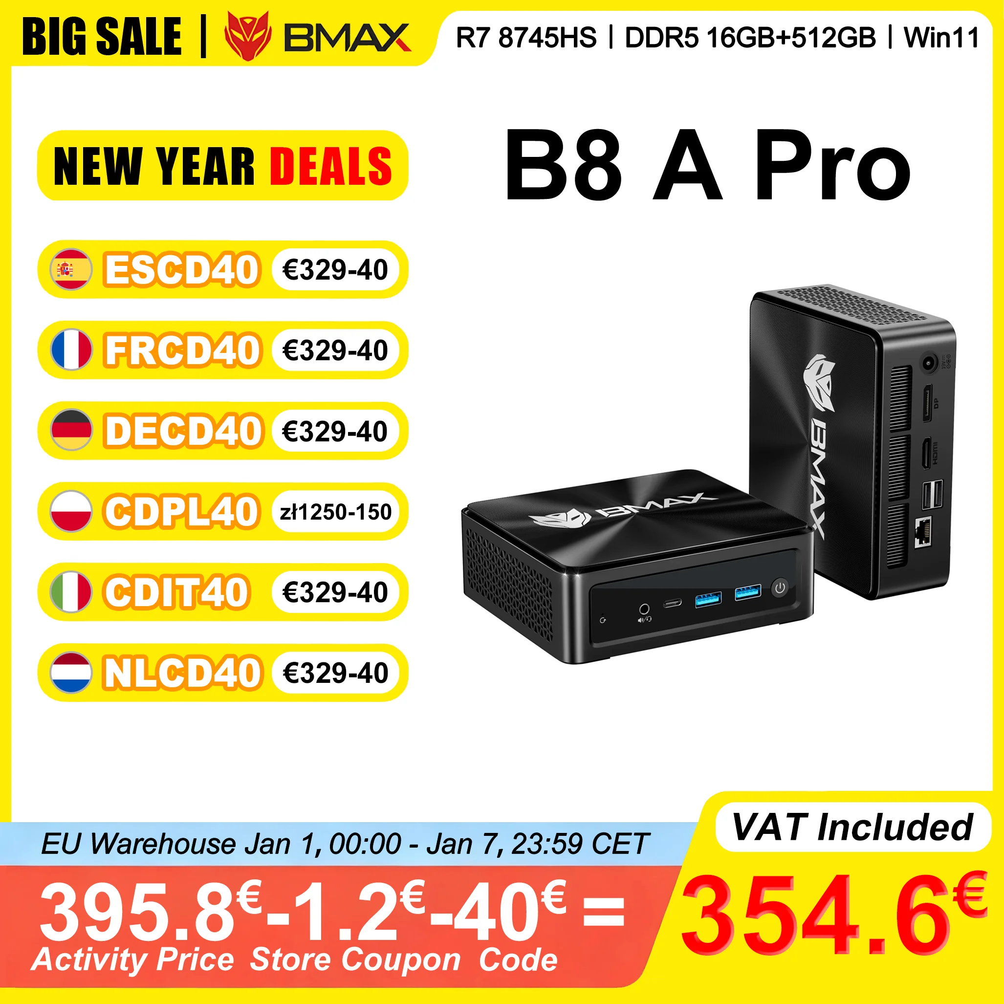 BMAX B8 A Pro Mini PC AMD Ryzen 7 8745HS 16GB DDR5 4800MHz RAM 512GB NVMe SSD Windows 11 WiFi 6 prend en charge 4K @ 60Hz AMD Radeon 780M