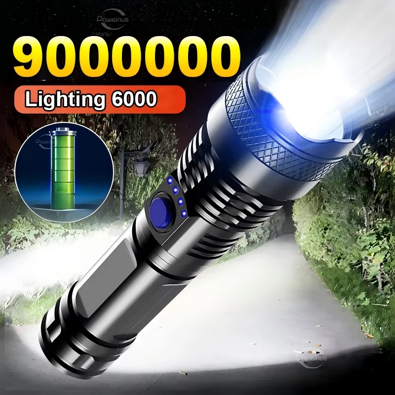 9000000LM High Power LED Flashlight Super Bright USB Rechargeable Lantern Ultra Powerful Tactical Torch Strong Camping Work Lamp
