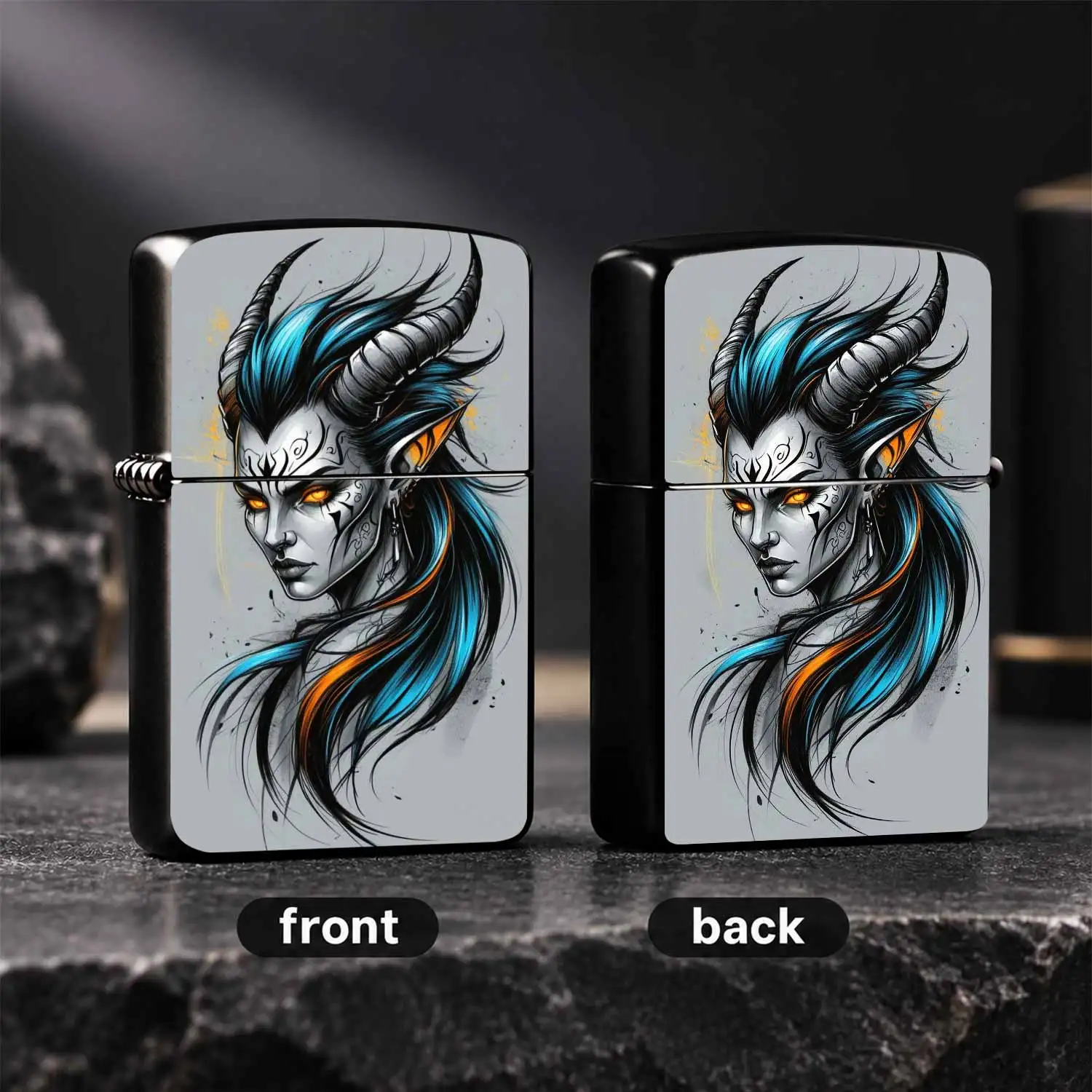 Stylish Tiefling Character Portable Igniter, Bold Cyan Orange Contrast Dark Fantasy Themed Accessory, Fits All Daily Scenarios, Ideal Unique Present For Friends And Hobbyists, Combines Decor Display And Practical Usage A Humorous And Intere