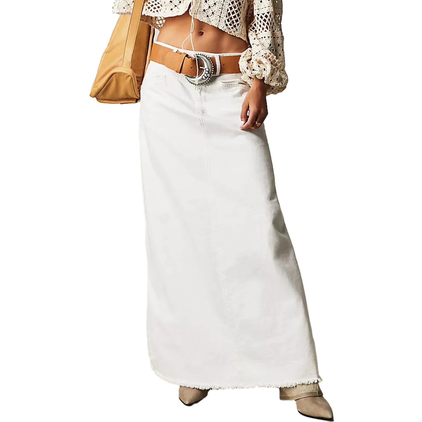 Faldas largas, falda vaquera para mujer, pantalones vaqueros informales rectos ajustados de cintura alta, ropa de calle elegante con empalme azul,