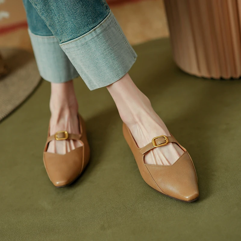 

Women Flats Pointed Toe Simple Shoes New Spring Atumn Sheepskin Soft Footwear French Style Elegant Buckle Women Shoes