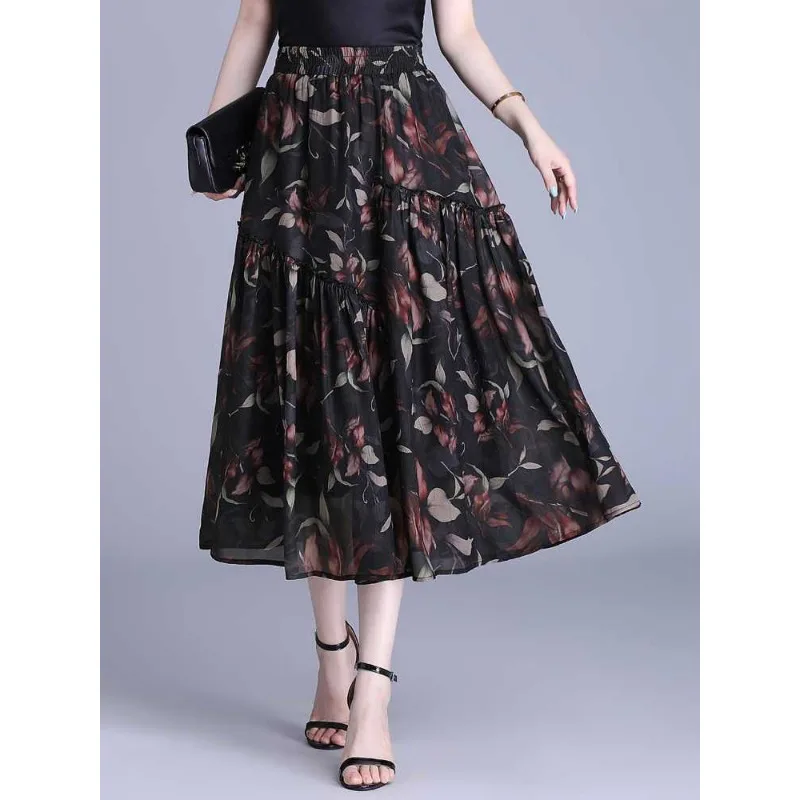 Womens Elastic High Waist All Over Floral Print Tiered Chiffon Midi Skirt