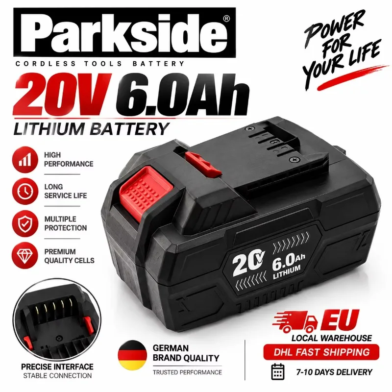 Batteria agli ioni di litio da 20V 6Ah per Parkside, batteria ad alta potenza, spedizione rapida tramite DHL da magazzino locale in UE