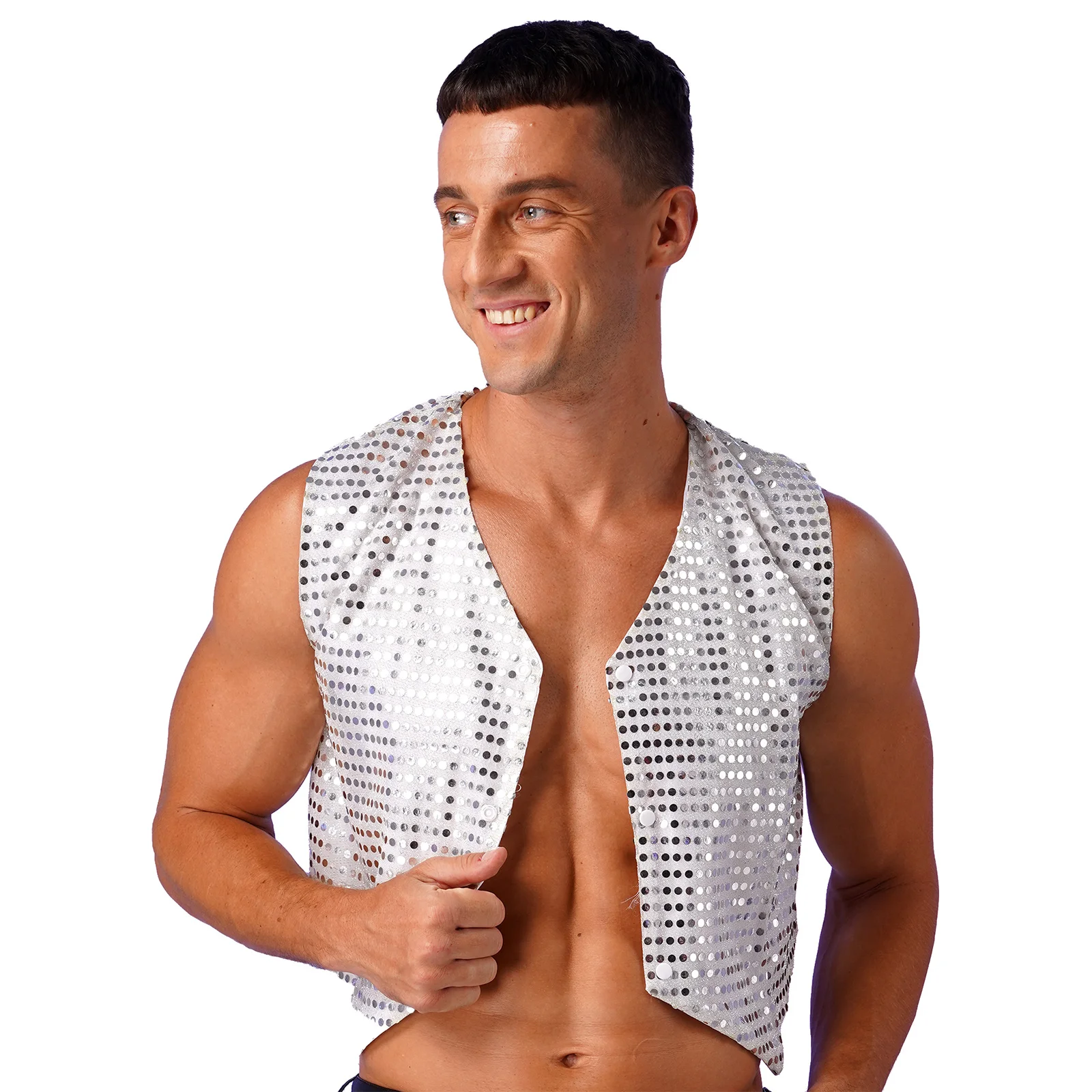 

Mens Sparkling Sequins Vest Jazz Hip-hop Dance Tank Top Sleeveless Waistcoat Halloween Disco Party Stage Performance Costumes